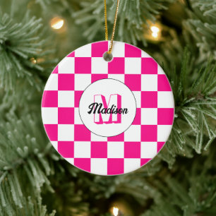 Chequered Hot pink white geometric retro Monogram Ceramic Tree Decoration