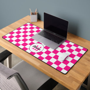 Chequered Hot pink white geometric retro Monogram Desk Mat