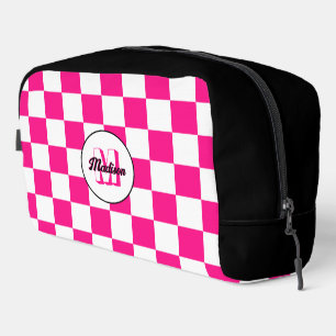 Chequered Hot pink white geometric retro Monogram Dopp Kit