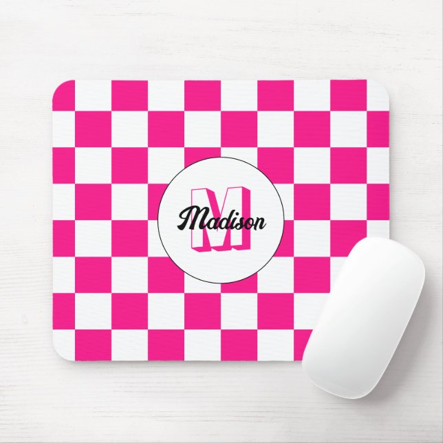 Chequered Hot pink white geometric retro Monogram Mouse Mat (With Mouse)