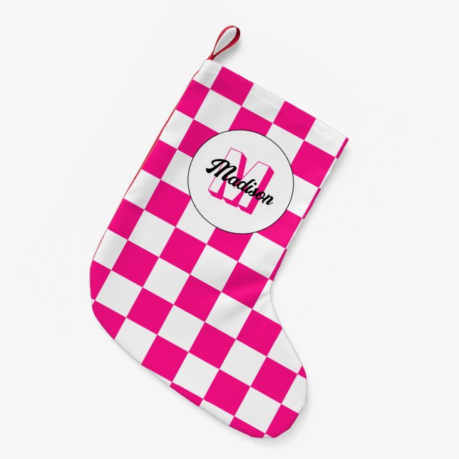 Chequered Hot pink white geometric retro Monogram Small Christmas Stocking (Front (Hanging))