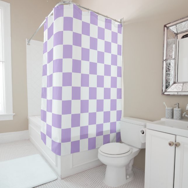 Chequered Lavender and White Shower Curtain (In Situ)