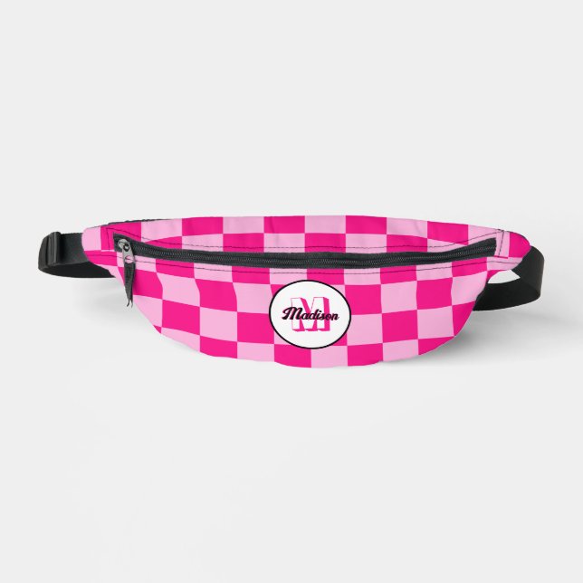 Chequered light hot pink geometric retro Monogram Bum Bags (Front)
