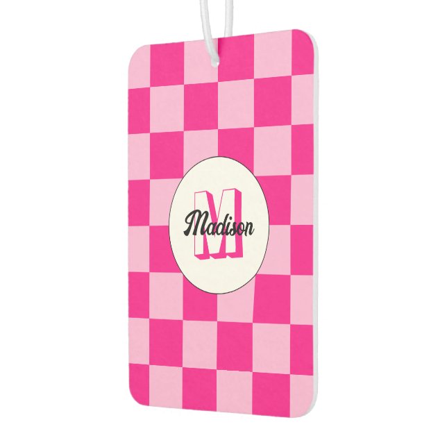 Chequered light hot pink geometric retro Monogram Car Air Freshener (Left)