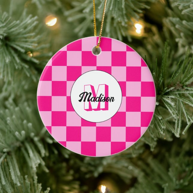 Chequered light hot pink geometric retro Monogram Ceramic Tree Decoration (Tree)