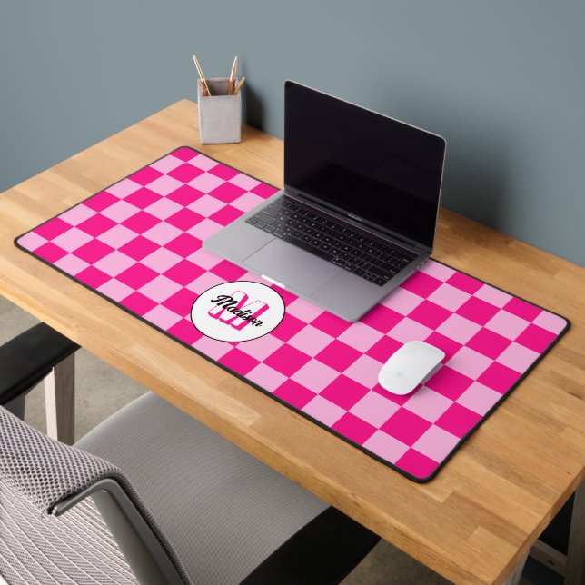 Chequered light hot pink geometric retro Monogram Desk Mat (Office 2)