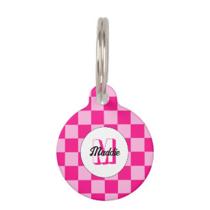 Chequered light hot pink geometric retro Monogram Pet Tag