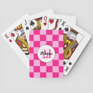 Chequered light hot pink geometric retro Monogram Playing Cards