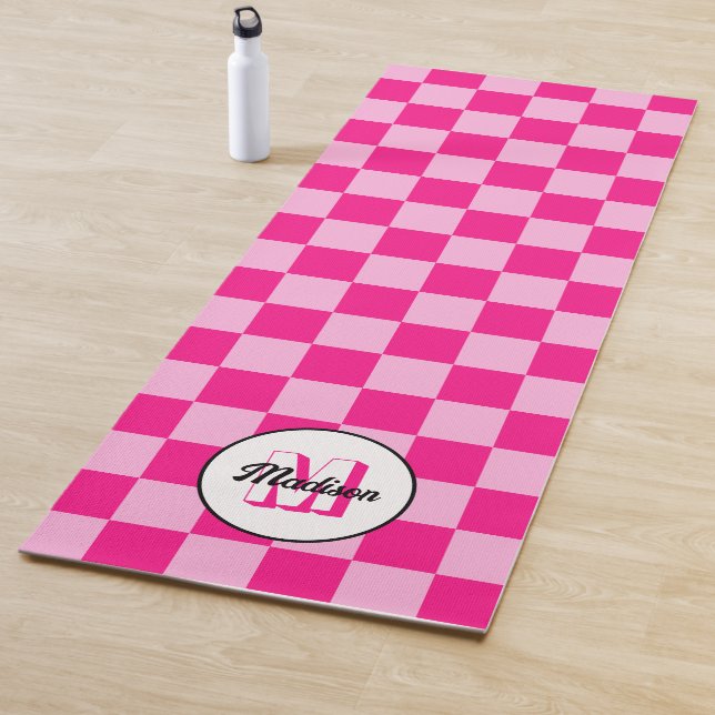Chequered light hot pink geometric retro Monogram Yoga Mat (In Situ)