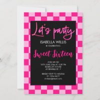 Chequered light hot pink retro Lets party Sweet 16