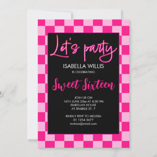 Chequered light hot pink retro Lets party Sweet 16 Invitation