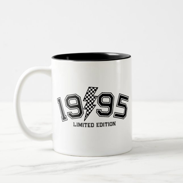Chequered Lighting Bolt Custom Birth Year Birthday Two-Tone Coffee Mug (Left)