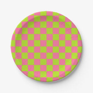 Chequered Lime Green and Pink Paper Plate