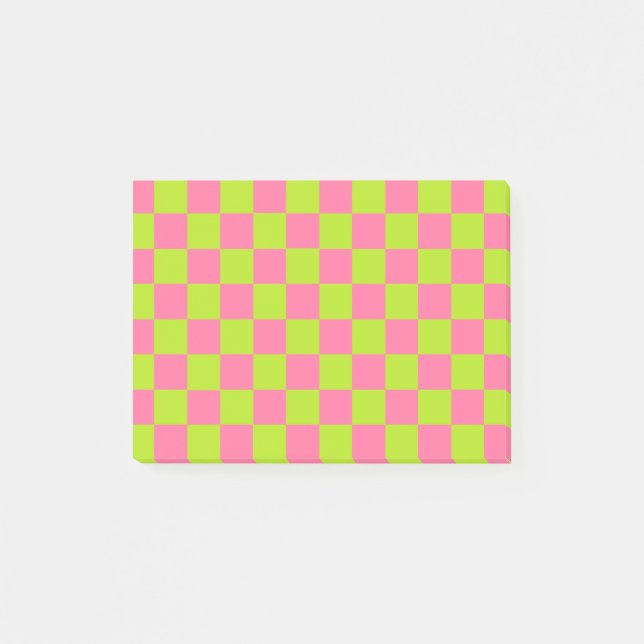 Chequered Lime Green and Pink Post-it Notes (Front)