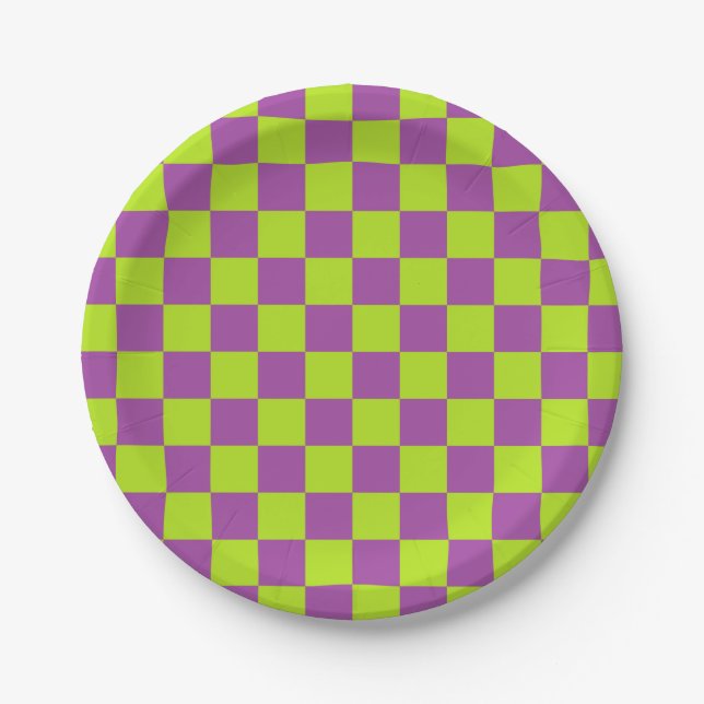 Chequered Lime Green and Purple Paper Plate (Front)