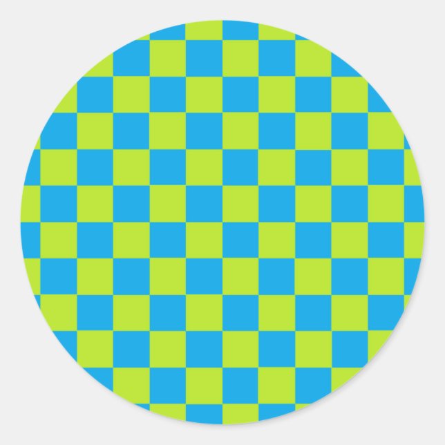 Chequered Lime Green and Turquoise Classic Round Sticker (Front)