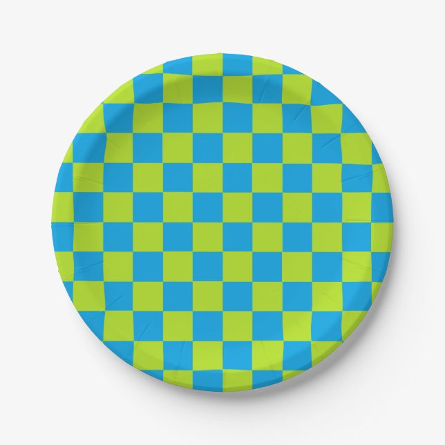 Chequered Lime Green and Turquoise Paper Plate (Front)