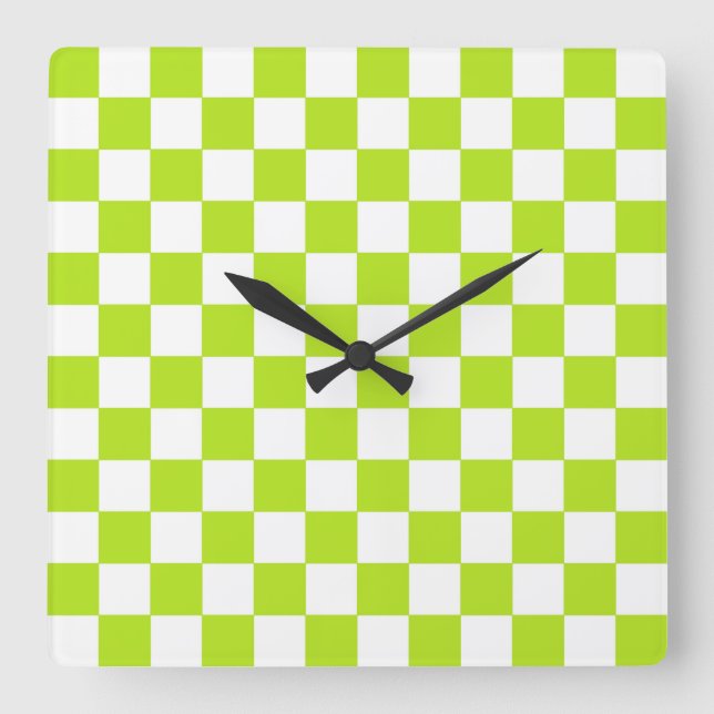 Chequered Lime Green and White Square Wall Clock (Front)