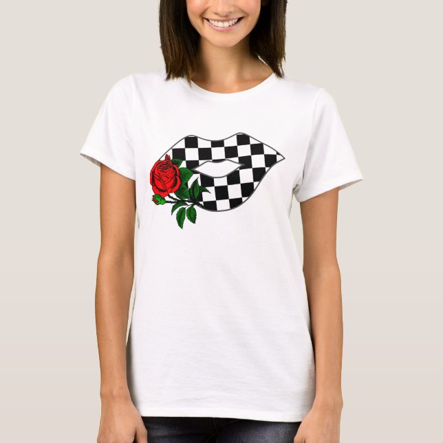 Chequered lips kiss red rose T-Shirt (Front)