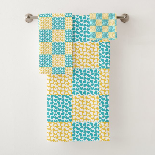 Chequered Love in Turquoise, Yellow, and White Bath Towel Set (Insitu)