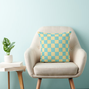 Chequered Love in Turquoise, Yellow, and White Cushion
