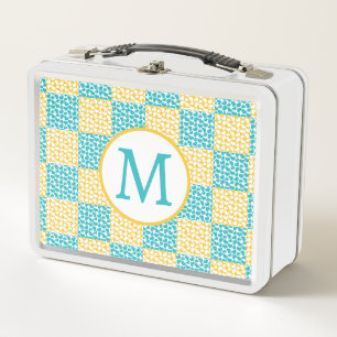 Chequered Love in Turquoise, Yellow, and White Metal Lunch Box