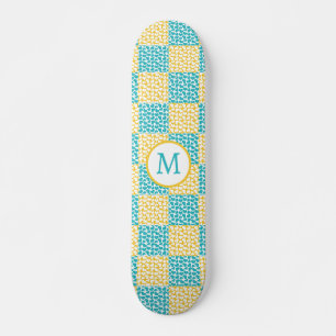 Chequered Love in Turquoise, Yellow, and White Skateboard