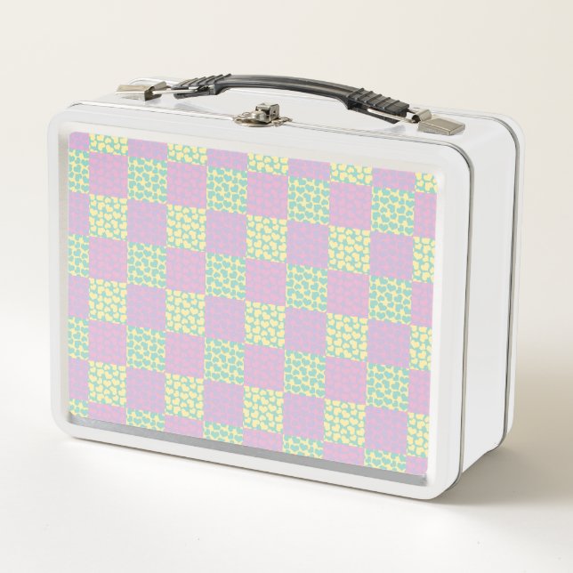 Chequered Love-Pastel Pink, Yellow, Purple & Green Metal Lunch Box (Front)