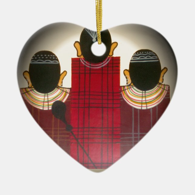 Chequered Maasai Family Portrait Ceramic Tree Decoration (Front)