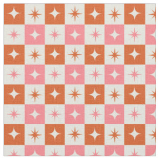 Chequered Mid Century Atomic Stars Pink Orange Fabric