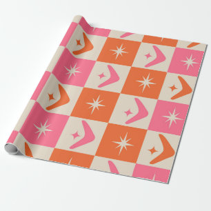 Chequered Mid Century Boomerangs pink and orange  Wrapping Paper