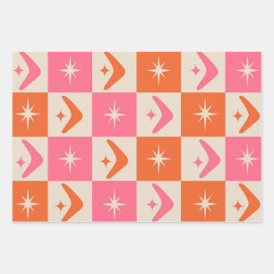 Chequered Mid Century Boomerangs pink and orange  Wrapping Paper Sheet