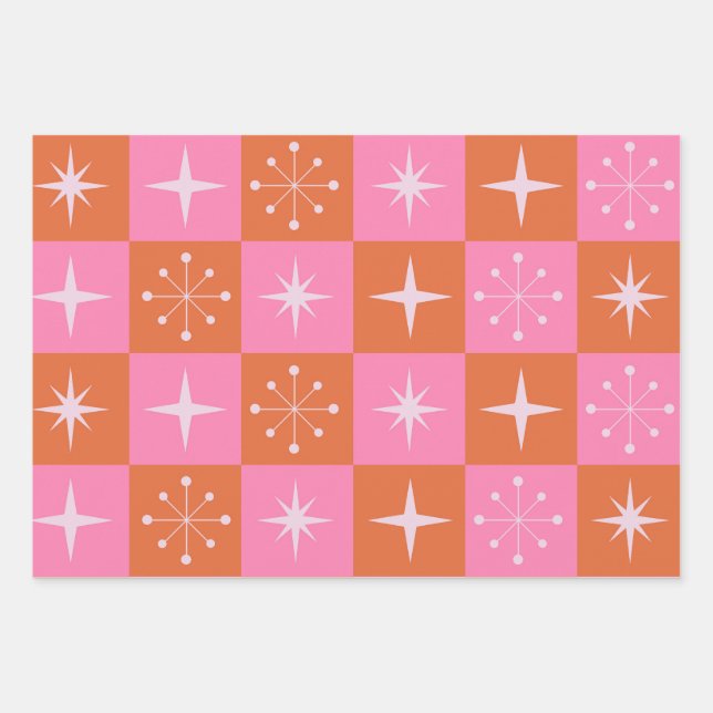 Chequered Mid Century Pink and Orange Starbursts   Wrapping Paper Sheet (Front)