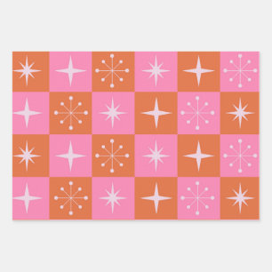 Chequered Mid Century Starbursts  Pink and Orange Wrapping Paper Sheet
