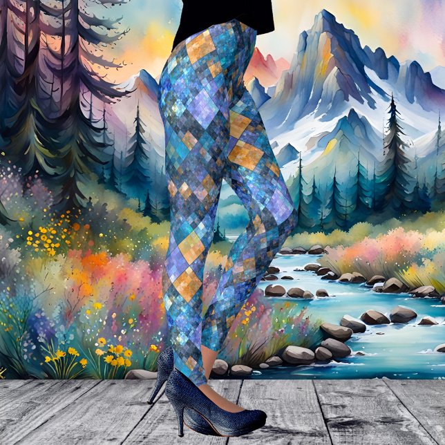 Chequered Mosaic Geometric Pattern Leggings (Leggings featuring a modern patterned mosaic design in blue purple with some other colors)