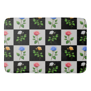 Chequered Multicolored Rose Floral Design  Bath Mat