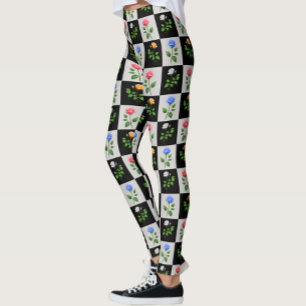 Chequered Multicolored Rose Floral Design  Leggings