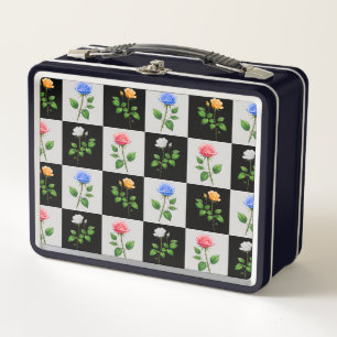 Chequered Multicolored Rose Floral Design Metal Lunch Box