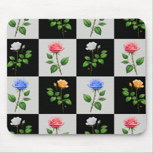 Chequered Multicolored Rose Floral Design Mouse Mat