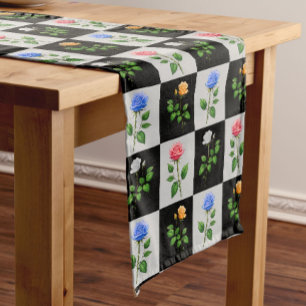 Chequered Multicolored Rose Floral Design Short Table Runner