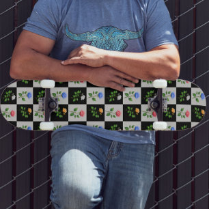 Chequered Multicolored Rose Floral Design Skateboard