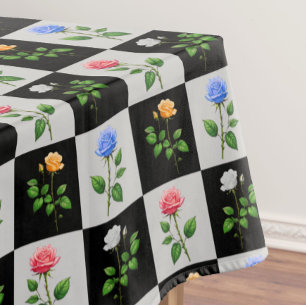 Chequered Multicolored Rose Floral Design  Tablecloth