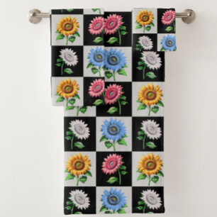 Chequered Multicolored Sunflower Floral Design Bath Towel Set