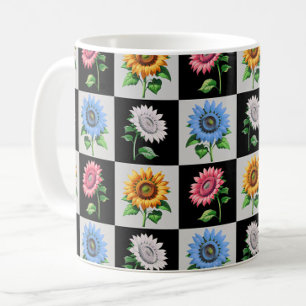 Chequered Multicolored Sunflower Floral Design Coffee Mug