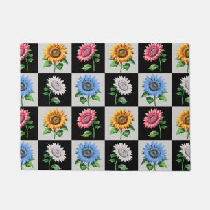 Chequered Multicolored Sunflower Floral Design  Doormat