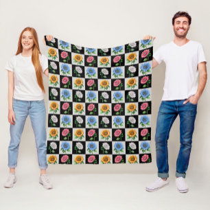 Chequered Multicolored Sunflower Floral Design Fleece Blanket