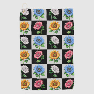 Chequered Multicolored Sunflower Floral Design Golf Towel