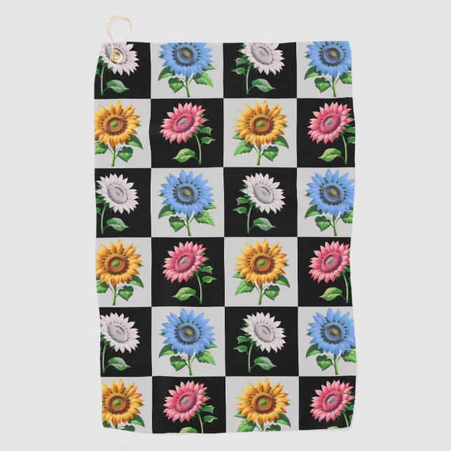 Chequered Multicolored Sunflower Floral Design  Golf Towel (Front)