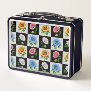 Chequered Multicolored Sunflower Floral Design  Metal Lunch Box