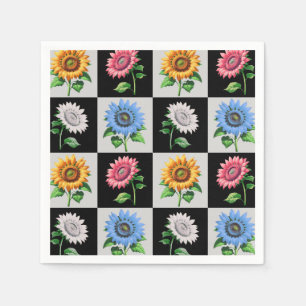 Chequered Multicolored Sunflower Floral Design  Napkin
